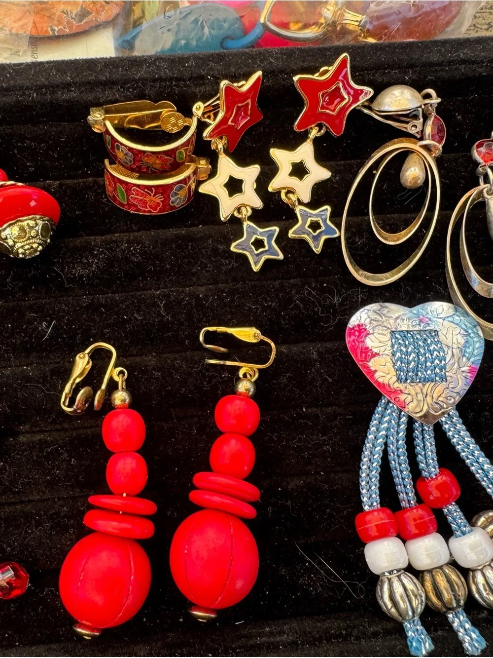 Red white and blue Fourth of July‎ patriotic Bold Red Bead Clip-On Earrings Lot